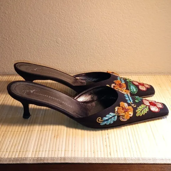 Giuseppe Zanotti Black and Multi Color Beaded &amp; Ribboned Artistic Mules Size 10B