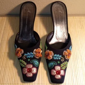 Giuseppe Zanotti Black and Multi Color Beaded &amp; Ribboned Artistic Mules Size 10B