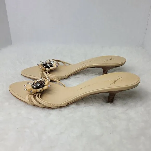 Giuseppe Zanotti Design Beige Leather Heel Strappy Jeweled Slide Shoes Size 7.5