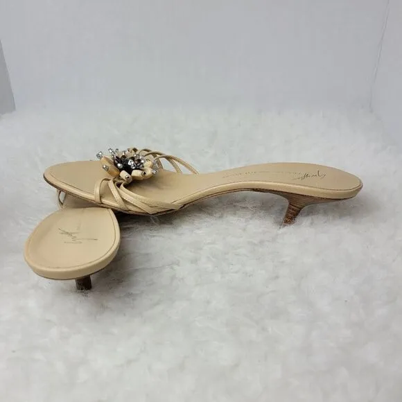 Giuseppe Zanotti Design Beige Leather Heel Strappy Jeweled Slide Shoes Size 7.5