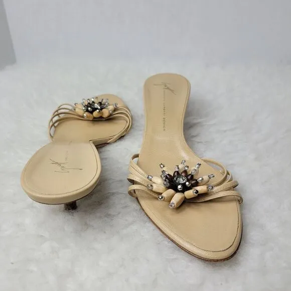 Giuseppe Zanotti Design Beige Leather Heel Strappy Jeweled Slide Shoes Size 7.5