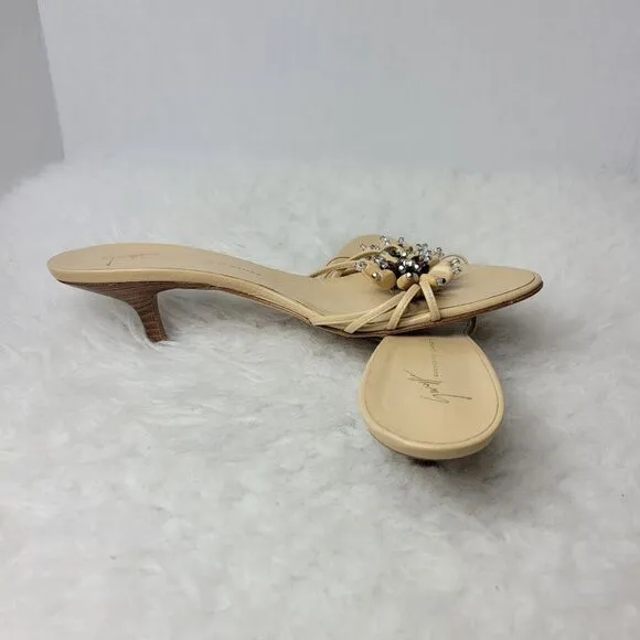 Giuseppe Zanotti Design Beige Leather Heel Strappy Jeweled Slide Shoes Size 7.5