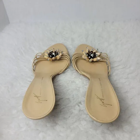 Giuseppe Zanotti Design Beige Leather Heel Strappy Jeweled Slide Shoes Size 7.5