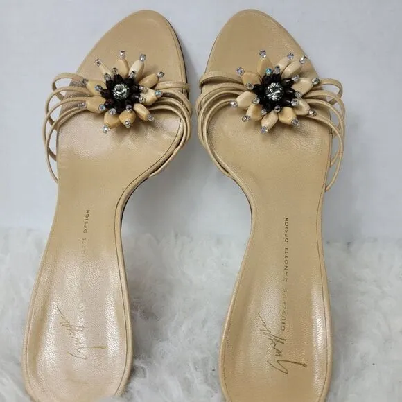 Giuseppe Zanotti Design Beige Leather Heel Strappy Jeweled Slide Shoes Size 7.5