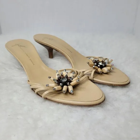 Giuseppe Zanotti Design Beige Leather Heel Strappy Jeweled Slide Shoes Size 7.5