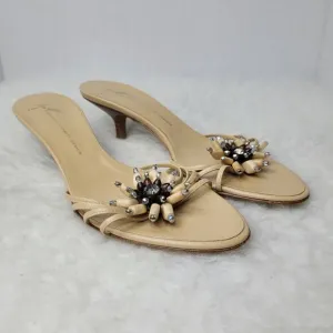 Giuseppe Zanotti Design Beige Leather Heel Strappy Jeweled Slide Shoes Size 7.5