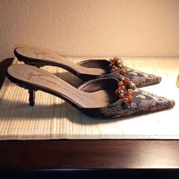 GIUSEPPE ZANOTTI Elegant Women's Beaded Bells &amp; Bronze Floral Heels Sz US 10B