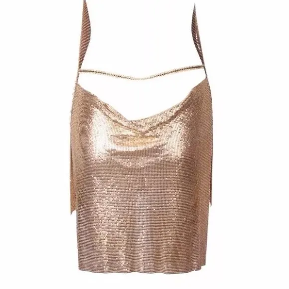 Gold mesh metallic dress choker halter glam club