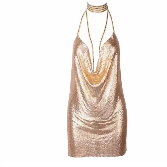 Gold mesh metallic dress choker halter glam club