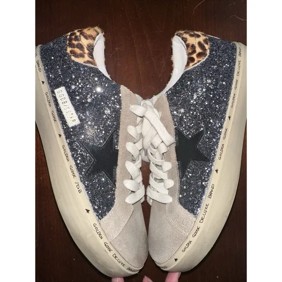 Golden Goose Glitter Hi Star Size 10 Dark Grey/Black Leather Star/Brown Leopard