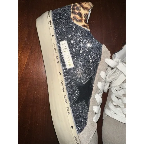 Golden Goose Glitter Hi Star Size 10 Dark Grey/Black Leather Star/Brown Leopard