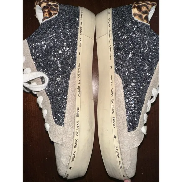 Golden Goose Glitter Hi Star Size 10 Dark Grey/Black Leather Star/Brown Leopard