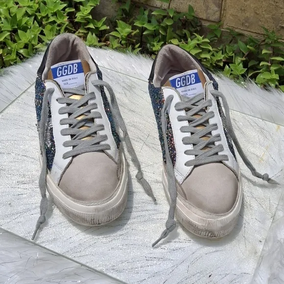 Golden Goose MAY Multicolor Glitter  Grey Suede Gold Trim Shoes  Women Size EU39