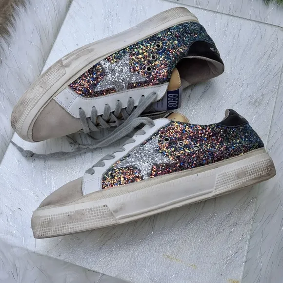 Golden Goose MAY Multicolor Glitter  Grey Suede Gold Trim Shoes  Women Size EU39
