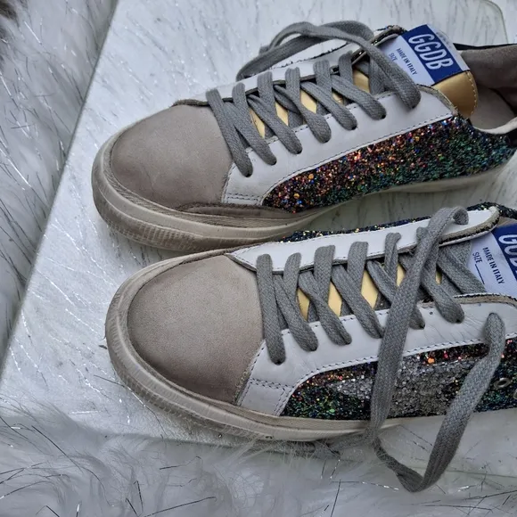 Golden Goose MAY Multicolor Glitter  Grey Suede Gold Trim Shoes  Women Size EU39