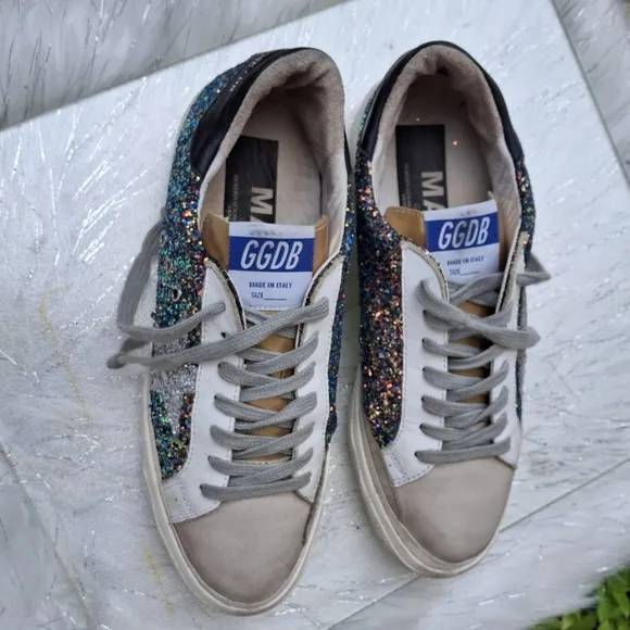 Golden Goose MAY Multicolor Glitter  Grey Suede Gold Trim Shoes  Women Size EU39