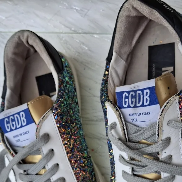 Golden Goose MAY Multicolor Glitter  Grey Suede Gold Trim Shoes  Women Size EU39