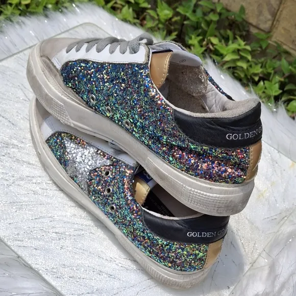 Golden Goose MAY Multicolor Glitter  Grey Suede Gold Trim Shoes  Women Size EU39
