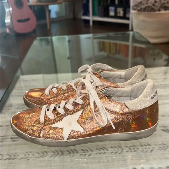 Golden Goose Rose Gold metallic, superstars metallic laces women’s size 8