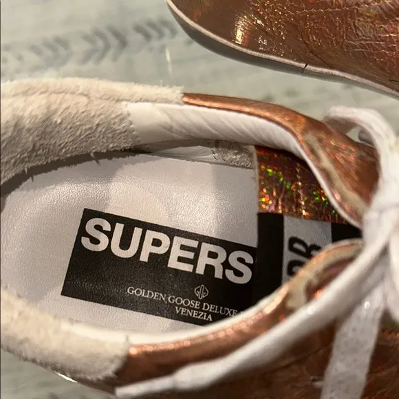 Golden Goose Rose Gold metallic, superstars metallic laces women’s size 8