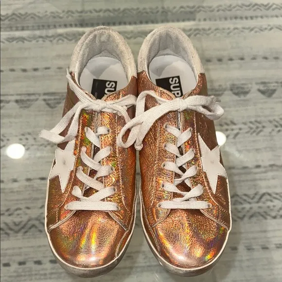 Golden Goose Rose Gold metallic, superstars metallic laces women’s size 8