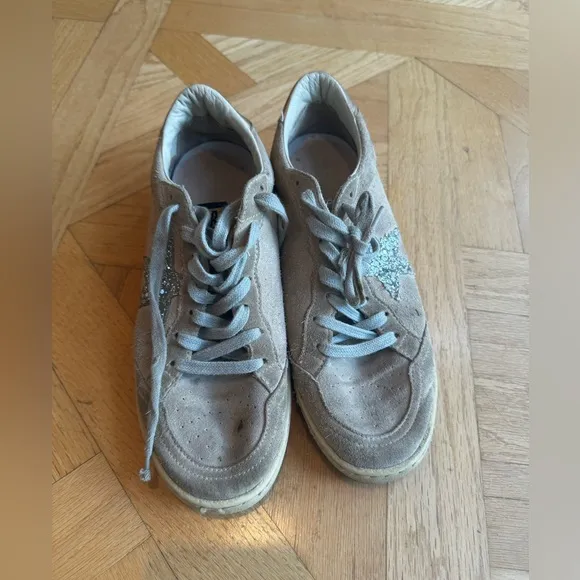Golden Goose Women’s Ball Star Size 37 Dove-Gray Suede with Silver Glitter Star