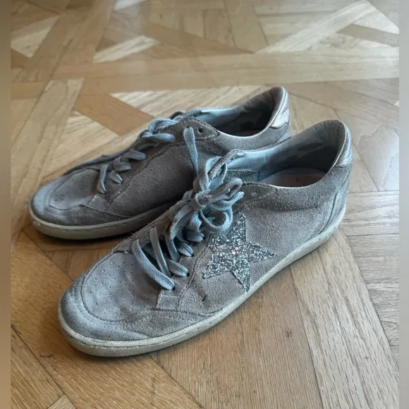 Golden Goose Women’s Ball Star Size 37 Dove-Gray Suede with Silver Glitter Star