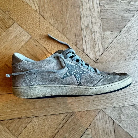 Golden Goose Women’s Ball Star Size 37 Dove-Gray Suede with Silver Glitter Star