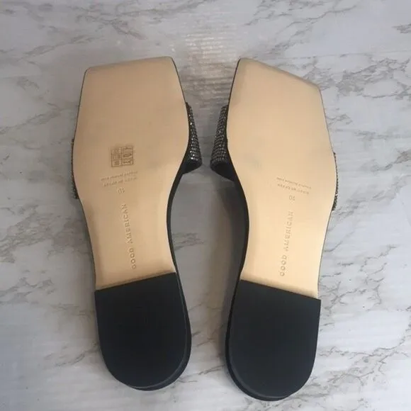 Good American Crystal Crush Standout Slides flats sandals Black Size 10
