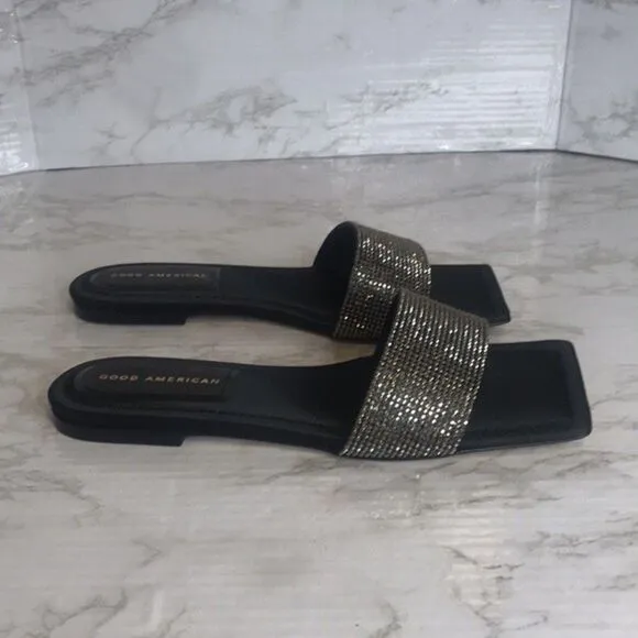 Good American Crystal Crush Standout Slides flats sandals Black Size 10