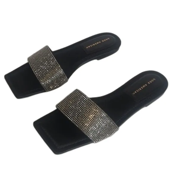 Good American Crystal Crush Standout Slides flats sandals Black Size 10
