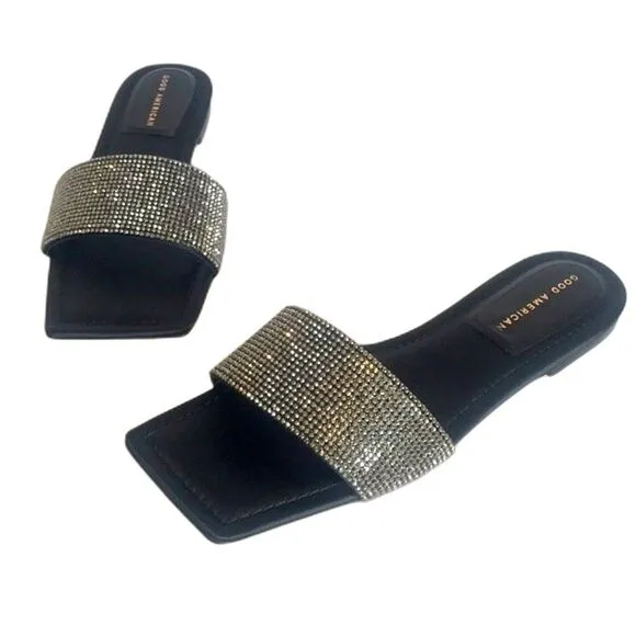 Good American Crystal Crush Standout Slides flats sandals Black Size 10