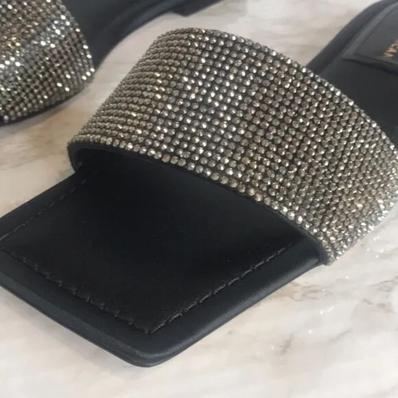 Good American Crystal Crush Standout Slides flats sandals Black Size 10