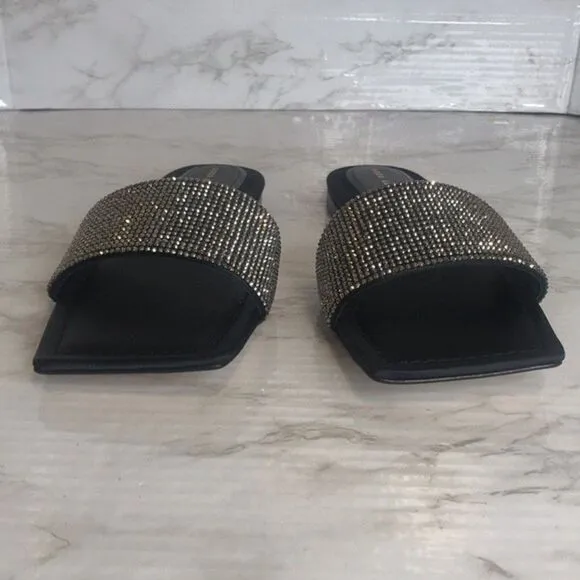 Good American Crystal Crush Standout Slides flats sandals Black Size 10