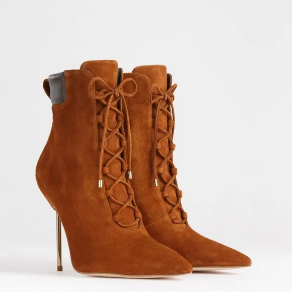 Good American Shoes Good American Brown Suede Booties Lace Up Stiletto Size 8.5