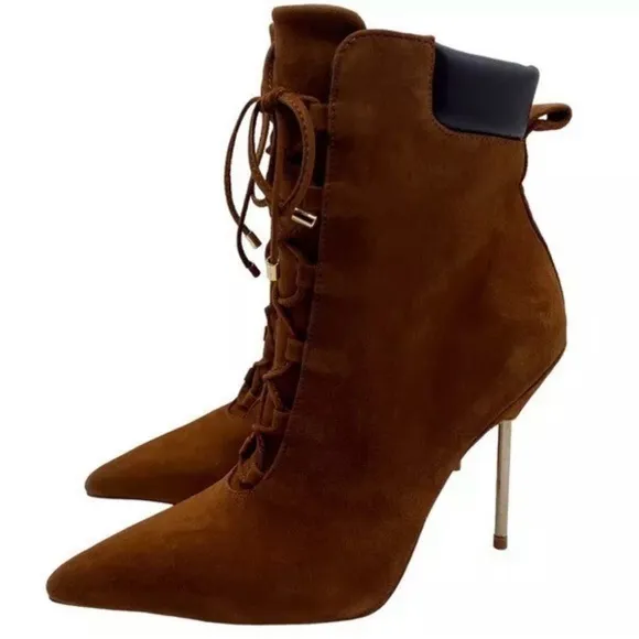 Good American Shoes Good American Brown Suede Booties Lace Up Stiletto Size 8.5