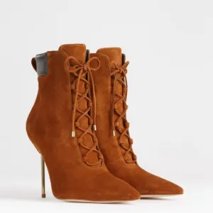Good American Shoes Good American Brown Suede Booties Lace Up Stiletto Size 8.5