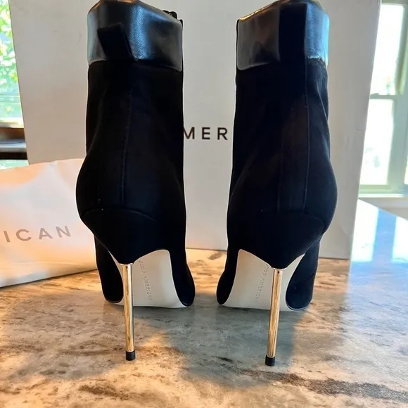 Good American ￼Suede &amp; Leather Stiletto Black Ankle Boots Bootie Gold Slim Heel