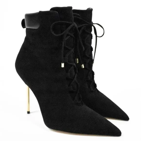 Good American ￼Suede &amp; Leather Stiletto Black Ankle Boots Bootie Gold Slim Heel