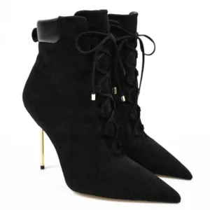 Good American ￼Suede &amp; Leather Stiletto Black Ankle Boots Bootie Gold Slim Heel