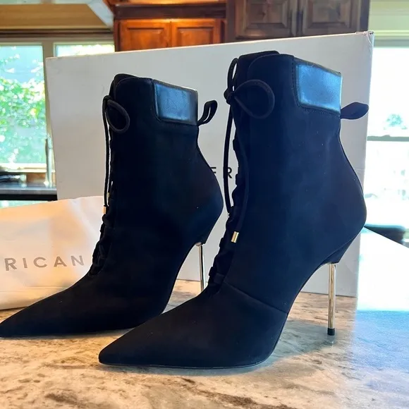 Good American ￼Suede &amp; Leather Stiletto Black Ankle Boots Bootie Gold Slim Heel