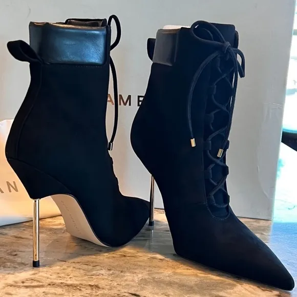 Good American ￼Suede &amp; Leather Stiletto Black Ankle Boots Bootie Gold Slim Heel