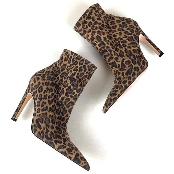 GOOD AMERICAN THE ICON PALE LEOPARD PRINT POINTED TOE STILETTO HEEL BOOTIE🆕