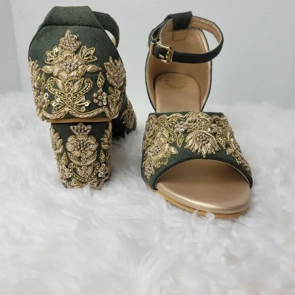 Green Handmade Bridal Heels, Zari Work Heels  Weeding Shoes