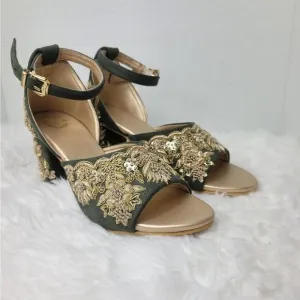 Green Handmade Bridal Heels, Zari Work Heels  Weeding Shoes