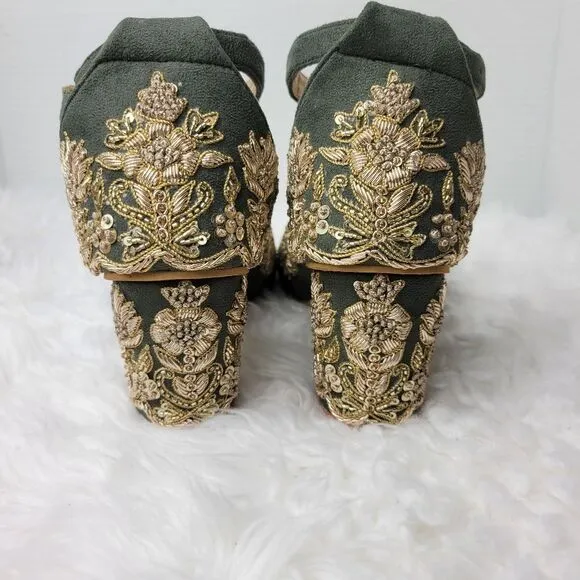 Green Handmade Bridal Heels, Zari Work Heels  Weeding Shoes