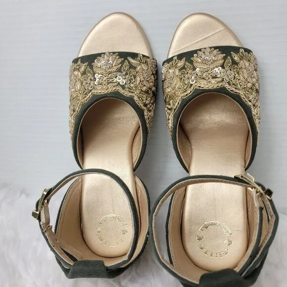 Green Handmade Bridal Heels, Zari Work Heels  Weeding Shoes
