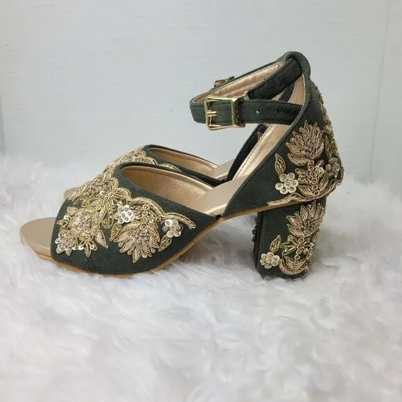 Green Handmade Bridal Heels, Zari Work Heels  Weeding Shoes