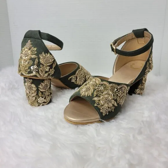 Green Handmade Bridal Heels, Zari Work Heels  Weeding Shoes