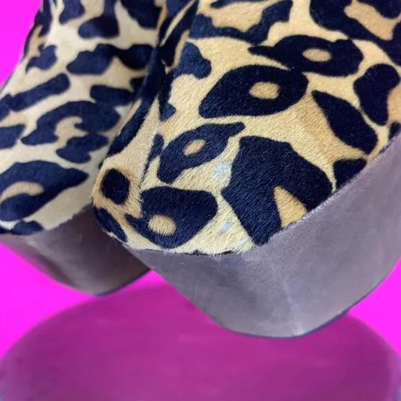Grey City Leopard Print Calf Hair Cross Cutout Wood Platform Chelsea Boot Sz 7